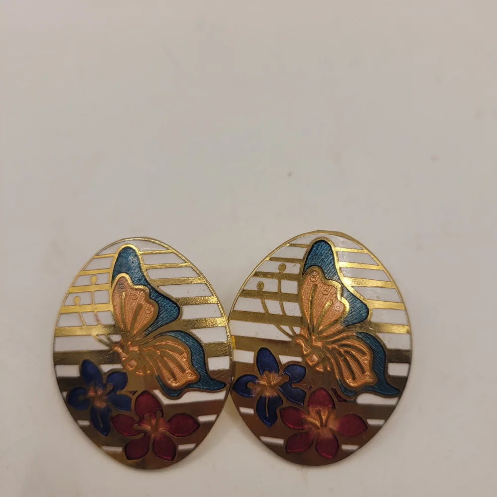 Vintage 80s Cloissone Enamel Butterfly & Flowers Gold Tone Post Earrings